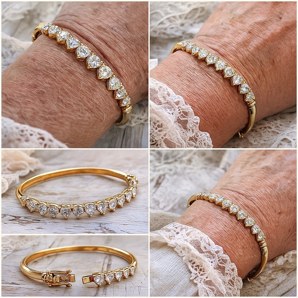 Vintage 1980s Gold Vermeil Sterling Silver Heart CZ Bangle Marked 925 Heirloom - Picture 6 of 13